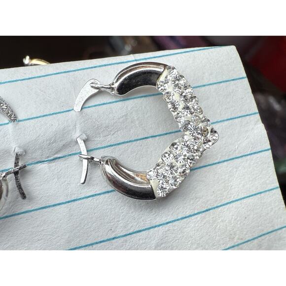 925 Sterling Silver Crystal Hoop Earrings Heart Pattern - Picture 4 of 9